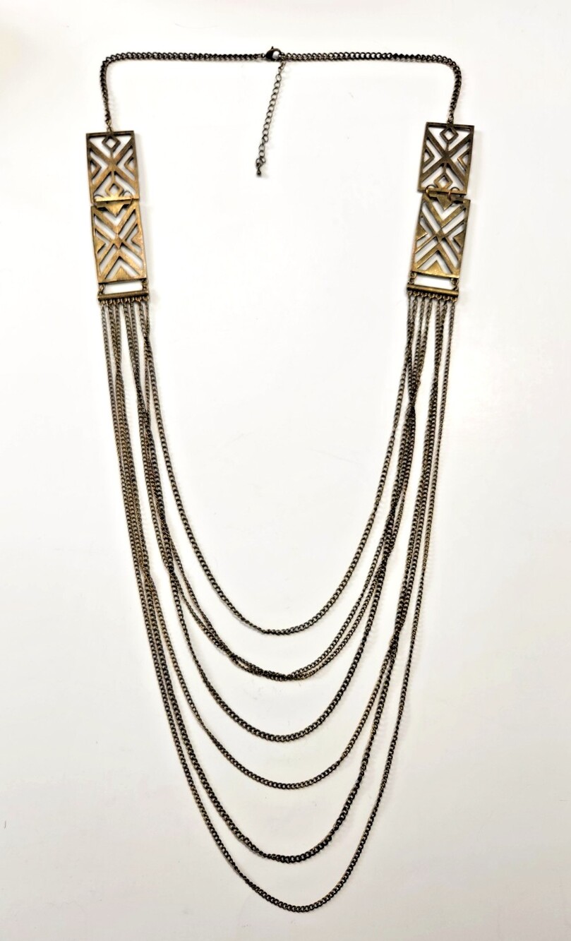 Brasstone 7 Strand Chain Drape Necklace Aztec/Art Deco Inspired Cut-Out Panels